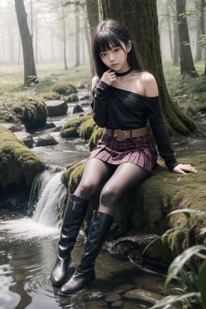 主：(((Beside a misty forest stream))),((sitting)),((Full body image)),
人：1litte 1kid 7yo gril (Child:1.2),
優：SD 1.5,(Stepping on ripples in the water),
體：(Beautiful little girly body proportions),(smaller body frame),
髮：(bangs),(((long hair))),
服：(Student uniform), (mini pleated skirt),(black compression tights), (((boots))),(((Off the shoulders))),(((shoulderless, low-cut))), ((trendy belt)),