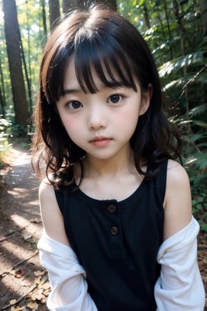 景：(((Deep in the woods))),
主：(((Head photo))),
人：1litte 1kid 7yo gril (Child:1.2), Korean beauty,
體：[[Breast:1.3]],
髮：(((bangs))), (((Long curly hair))),
服：Off the shoulder,off shoulder vest,