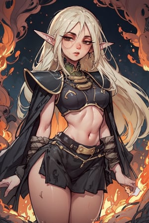 A fiery inferno erupts in the distant background as Deedlit from KonoSuba stands confidently in front of the blazing volcanic landscape, her piercing gaze directly addressing the viewer. Her once-luxurious elf ears now tangled with vines and her attire ripped, revealing a hint of her toned physique beneath. Fresh wounds crisscross her skin, testifying to her unwavering determination as she stands tall against the backdrop of intense flames.