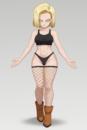 full body, 1girl, standing, Android18 style, brown hight heel boots, by Akira Toriyama, she has blond hair and blue eyes, She's holding a dragon ball in her hand, perfect body, beautiful body, ((miniskirt)), black crop top, fishnets, jewerly, beautiful legs