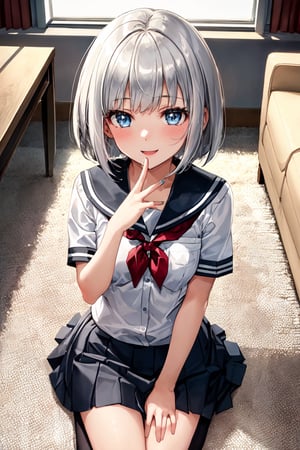 Top Quality,One Girl, Chest to Head, 19 Years Old, Silver Hair, (Bob Cut), Beautiful Hair,  Bangs,(cheerful), Blue Eyes, (Small Breasts), (School Girl Uniform), black knee socks,(Living Room), Sitting On Carpet, Air Perspective,perfect,hand,fingers