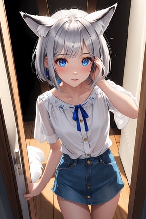 ultra detailed,Highest quality,1 girl, 18 years old, silver hair, bob cut, bangs, (fox ears), (normal cute woman), (shy), 
cute room white blouse, denim mini skirt,blue eyes, sparkling eyes, small mouth, small bust, (Cowboy shot ), (from front), (keep focus on face), (transparent), (pure),aerial perspective