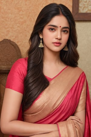 A 23 old year Indian girl and posing with a great Indian background, sunkissed, classy reveling figure, decent face, Indian, long wavy hair,normal skin color,
