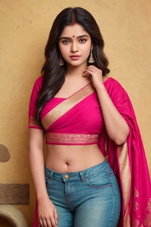 A 23 old year Indian girl wearing a black dress and posing with a great Indian background, sunkissed, classy reveling figure, decent face, Indian, long wavy hair,normal skin color, jeans, pink crop top