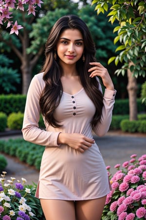 (ultra-detailed,highres,masterpiece:1.2), realistic,Kashmira Pardesi,14 years old innocent girl,Indian,Kashmira Pardesi,punjabi girl,pure white skin,slim figure body, long black hair, beautiful detailed eyes, beautiful detailed lips, beautiful detailed jacket, expression of confidence and intelligence, standing in a vibrant garden with blooming flowers, warm sunlight casting soft lights,serene atmosphere,magical pink hue,subtle lens flare,fireflies,Extremely Realistic,real hand,more detail ,Kashmira Pardesi,Perfect Anything,Realistic