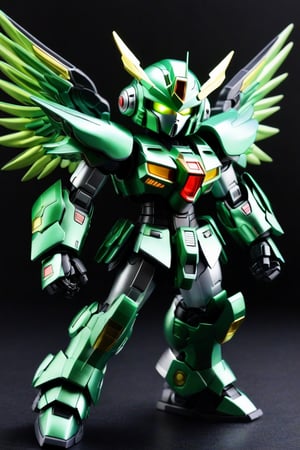 Corinthian, overloard, cute style, glowing black green, sd gundam armor.,cyborg style,heavy armor , heavy weapon ,holding weapon gun,Metal wide wing , details armor,