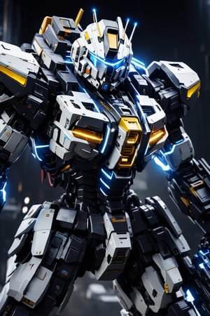 Studio background , gundam armor ,cyborg style,heavy armor , heavy weapon , details armor , 4k ,heavy sword , heavy cybord sword , electricity surrounded , fighting_stance , military cyborg backpack, cyborg heavy armor ,very heavy armor , black gold body colour , sparkling electric surrounded effect , cyborg tank , mirror background ,flying , titanfall game style , wide arms ,wide shoulders, 