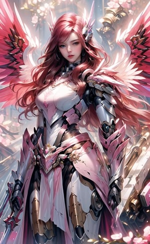 (masterpiece, best quality:1.2), Character design, ((1 girl, solo)), warrior of xian, slim body, medium chest, skinny waist, ((long deep red hair)). blue eyes. (((pink fantasy armor a female knight in a pink full armor))), (((big pauldrons, intricate details))), (((large armor wings))), (((advanced weapon fantasy plasma sword in right hand))), (standing), plain gray background, masterpiece, HD high quality, 8K ultra high definition, ultra definition,1 girl,Masterpiece,mecha, cyborg, metal,