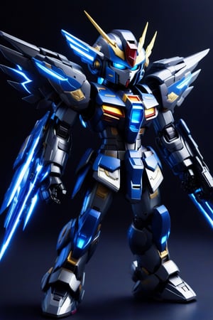 Studio background,cute style, glowing black Blue , sd gundam armor.,cyborg style,heavy armor , heavy weapon , details armor,rocket launcher,4k , cyborg wing ,Astral blue flame ,
