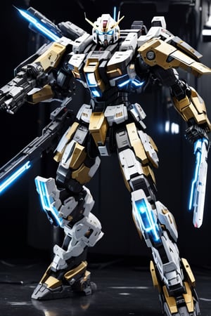 Studio background , gundam armor ,cyborg style,heavy armor , heavy weapon , details armor,rocket launcher,4k ,heavy sword,heavy cybord sword , electricity surrounded, fighting_stance , military cyborg backpack, cyborg heavy armor ,very heavy armor , black gold body colour , sparkling electric surrounded effect , cyborg tank , mirror background ,flying ,titanfall game style, 