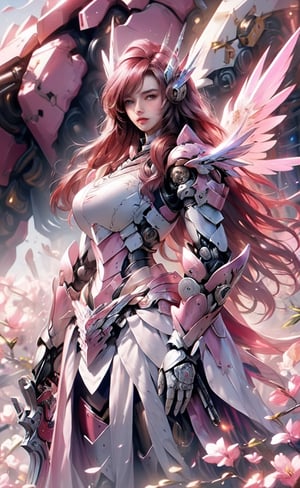 (masterpiece, best quality:1.2), Character design, ((1 girl, solo)), warrior of xian, slim body, medium chest, skinny waist, ((long deep red hair)). blue eyes. (((pink fantasy armor a female knight in a pink full armor))), (((big pauldrons, intricate details))), (((large armor wings))), (((advanced weapon fantasy plasma sword in right hand))), (standing), plain gray background, masterpiece, HD high quality, 8K ultra high definition, ultra definition,1 girl,Masterpiece,mecha, cyborg, metal,