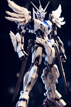 BJ_Gundam, wings, solo, blue_eyes, weapon, wings, gun, no_humans, glowing, robot, mecha, clenched_hands, floating, science_fiction, mechanical_wings, v-fin,cinematic lighting,strong contrast,high level of detail,Best quality,masterpiece,White background,. Extremely high-resolution details,photographic,realism pushed to extreme,fine texture,incredibly lifelike,BJ_Gundam