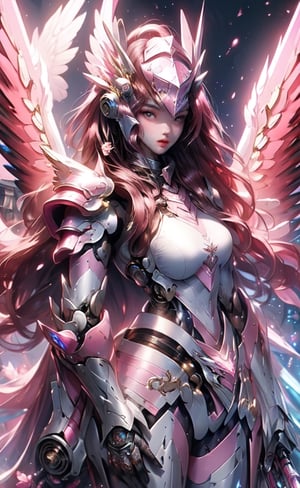 (masterpiece, best quality:1.2), Character design, ((1 girl, solo)), warrior of xian, slim body, medium chest, skinny waist, ((long deep red hair)). blue eyes. (((pink fantasy armor a female knight in a pink full armor))), (((big pauldrons, intricate details))), (((large armor wings))), (((advanced weapon fantasy plasma sword in right hand))), (standing), plain gray background, masterpiece, HD high quality, 8K ultra high definition, ultra definition,1 girl,Masterpiece,mecha, cyborg, metal,