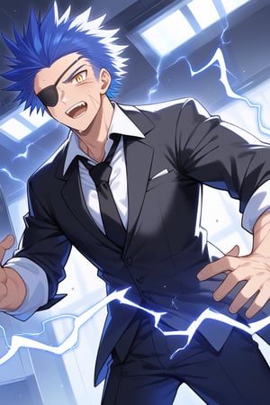 solo, open mouth, shirt, one boy, blue hair, male focus, sweat, tie, teeth, collared shirt, pants, indoors, scar, black pants, eyepatch, formal, suit, spiked hair, black tie, Scars on the face, sleeves rolled up, electricity, Kronos