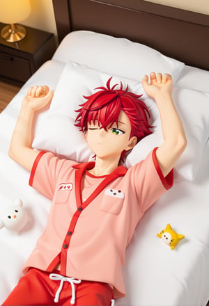 1boy, male focus, akira_otori, red hair, bangs, green eyes, pajamas, dreaming, sleeping, lying on a cloud, outstretched arms, bedroom, cowboy shot, source anime, score_9_up, score_8_up, score_7_up, best quality, amazing quality, best aesthetic, absurdres, year 2023,