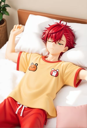 1boy, male focus, akira_otori, red hair, bangs, green eyes, pajamas, dreaming, sleeping, lying on a cloud, outstretched arms, bedroom, cowboy shot, source anime, score_9_up, score_8_up, score_7_up, best quality, amazing quality, best aesthetic, absurdres, year 2023,