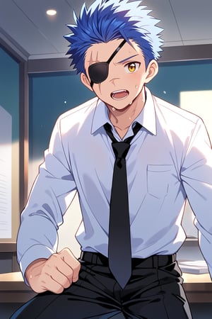 Prompt: Male, Solo, Open Mouth, Shirt, One Boy, Blue Hair, Male Focus, Sweat, Tie, Teeth, Collared Shirt, Trousers, Indoors, Scar, Black Trousers, Eyepatch, Formal, Suit, Short Spiky hair, black tie,