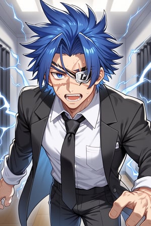 solo, looking at viewer, short hair, open mouth, shirt, 1boy, blue hair, male focus, sweat, necktie, teeth, collared shirt, pants, indoors, scar, black pants, eyepatch, formal, suit, spiked hair, black necktie, scar on face, sleeves rolled up, electricity,kronos