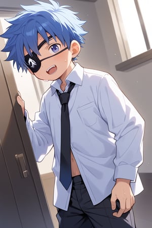 solo, open mouth, shirt, one boy, blue hair, male focus, sweat, tie, teeth, collared shirt, pants, indoors, black pants, eyepatch, formal, suit, short spiked hair, black tie , Roll up your sleeves, Chronos, Shota