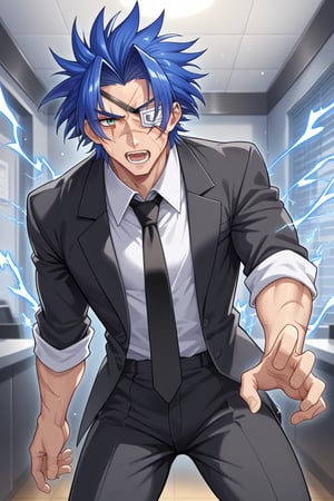 solo, looking at viewer, short hair, open mouth, shirt, 1boy, blue hair, male focus, sweat, necktie, teeth, collared shirt, pants, indoors, scar, black pants, eyepatch, formal, suit, spiked hair, black necktie, scar on face, sleeves rolled up, electricity,kronos