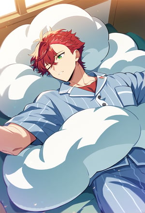 1boy, male focus, akira_otori, red hair, bangs, green eyes, pajamas, dreaming, sleeping, lying on a cloud, outstretched arms, bedroom, cowboy shot, source anime, score_9_up, score_8_up, score_7_up, best quality, amazing quality, best aesthetic, absurdres, year 2023,