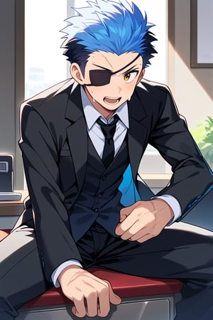 Prompt: Male, Solo, Open Mouth, Shirt, One Boy, Blue Hair, Male Focus, Sweat, Tie, Teeth, Collared Shirt, Trousers, Indoors, Scar, Black Trousers, Eyepatch, Formal, Suit, Short Spiky hair, black tie,