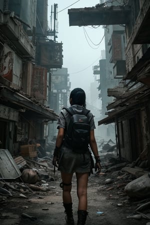 asian girl navigating a post-apocalyptic wasteland with a backpack and robotic dog, cyberpunk, futuristic, dynamic lighting, uplighting, cinematic, atmospheric, detailed textures, gritty aesthetic, cybernetic enhancements