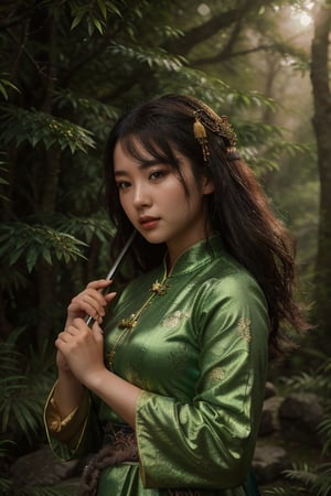 dreamlike movie portrait of beautiful chinese wuxia girl blowing a dizi in a magical forest, hold a sword, wushu pose, surreal fantasy, highly detailed, in picturesque treetops. Forlorn. Long Exposure. cinematic, atmospheric lighting, detailed foliage, surreal atmosphere, intricate wuxia costume, chiffon