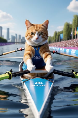 8K, UHD, low-angle perspective, panoramic, photo-realistic, first-person view, cinematic,  cats competing in olympics 2024 boat rowing