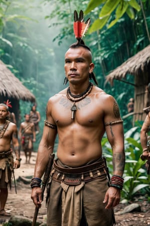 8K, UHD, full_body perspective shot, portrait, photo-realistic, cinematic, ancient mohicans civilization, multiple tribe members, villagers, tribe village in the jungle, ultra-detailed, weapons, close to nature, perfect lighting, peaceful, tranquil, vintage photo feel, tattoos, dirt face, depth of field, bokeh