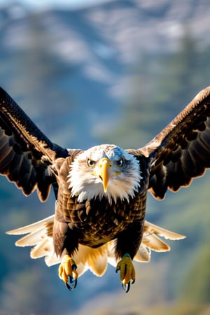 8K, UHD, perspective macro shot, photo-realistic, eagle
flying straight towards camera (head-on:1.2) centered, looking perfectly ahead, perfect lighting, speed movements, slow shutter speed, motion blur,