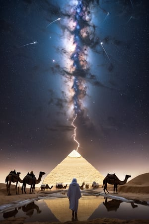 8K, UHD, low-angle ground view, photo-realistic, cinematic, first-person perspective, (surface smooth:1.2) white Agate marble pyramid, pure gold capstone, narrow canal of water across dessert, lightning sparks emitting from tip, egyptians in robes and hoodie herding camels feeding, perfect lighting, stunning, dim skies, constellations clearly seen in skies, cosmic alignment 