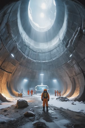 8K, UHD, wide-angle perspective, photo-realistic, cinematic, dystopian misty skies, antarctica secret snow base, 5-storey tall futuristic time capsule, explorers and scientists in winter suit standing in massive underground tunnel, underworld filled with ancient technology, reflective sky mirroring the actual world on the ground, center of the earth,  secret undiscovered world, experimental excavation equipments, prehistorical mystery creatures