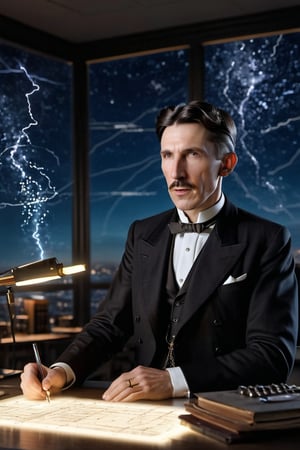 8K, UHD, wide-angle perspective, photo-realistic, realistic skin texture and natural skintone, cinematic, Nikola Tesla, in the office experimenting with frequencies, Wardenclyffe Towers passing electricity wirelessly, testing the earth's ether,  auroras in earths ionosphere, night skies, amazing lights, transmitting energy in the air