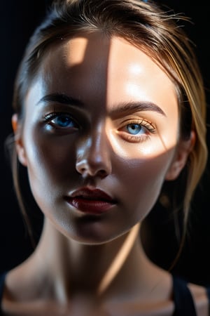8K, UHD, Fujifilm XT1, angled perspective portraits, photo-realistic, show face only, blue eyes, pretty girl in front of black background, (geometric light cast on face:1.2) geometrical harsh natural highlights on face, intense sunlight shining through geometrical shapes casting light shadows