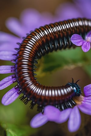 8K, UHD, super macro shot, ultra clear subject,   photo-realistic (millipede:1.2) dramatic crop, ƒ/0.8, depth_of_field, 1/2000 shutter speed, super detailed, focus on eyes, insane details, blur background, magnification of 300x, flower