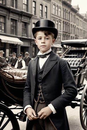 8K, UHD, medium format, photorealistic, portrait, black and white photo, B&W, Edwardian Era, early 1900s fashion, year 1896, (victorian boy in the streets:1.1) busy 19th Century streets, horse-carriages and men, vintage gasoline-powered vehicle in background