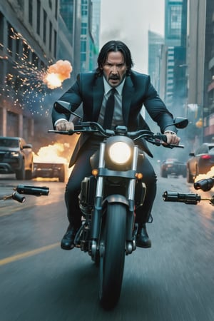 8K, UHD, first-person low-angle perspective, panoramic, photo-realistic, cinematic, destopian lighting, John Wick with pistol riding a motorbike, spark from pistol, bullets flying, shooting at multiple enemies in armoured suit, fighting scene from John Wick movie