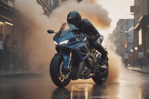 8K, UHD, ( view of sports motorbike) sportsbike with big Akrapovic exhaust. (girl bend over riding:1.1) front wheel off ground wheelie, no helmet, sleeveless leather, torn denim, wide low angle view, intense close-up, wet city streets, cinematic, volumetric lighting,  volumetric smoke, dusk, ambient occlusion,cleavage