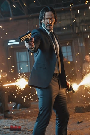 8K, UHD, first-person low-angle perspective, panoramic, photo-realistic, cinematic, destopian lighting, shooting scene from John Wick movie, John Wick with pistol, spark from pistol, bullets flying, enemies in armoured suit