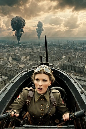 8K, UHD, panaromic perspective, photo-realistic, cinematic, female german soldier in airship cockpit, first-person-view from top of building shooting at something, photo of many german steampunk blimps in sky, many fighter aircrafts, volumetric cinematic dark light, vintage tinted, dystopian lighting, masterpiece, dark clouds, world war 2, perfect composition, dystopian skies, old photograph colour, war scene, battle, nazi soldier, tall building, devastation below, demolished buildings, multiple explosions, bombs dropping