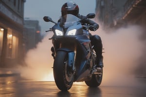 8K, UHD, ( view of sports motorbike) sportsbike with big Akrapovic exhaust. (girl bend over riding:1.1) front wheel off ground, no helmet, sleeveless leather, torn denim, wide low angle view, intense close-up, wet city streets, cinematic, volumetric smoke, dusk, ambient occlusion,cleavage
