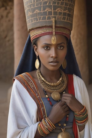 8K, UHD, portrait, full_body shot, photo-realistic, cinematic, photo of ancient ethopia women, 800 BCE, dark skin, perfect composition, beautiful detailed intricate ancient Lalibela style fashion, detailed patterned headwear, stone jewelry, natural volumetric cinematic perfect light, masterpiece, extravagant city of Aksum palace, stone churches, Sabean architecture, obelisk with carvings, Aksumite Civilizations, pet walia ibex