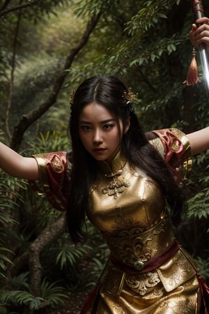dreamlike movie trailer of beautiful chinese wuxia girl in a magical forest swinging a shiny sword, wushu pose, surreal fantasy, highly detailed, in picturesque treetops mountains. Forlorn. Long Exposure. cinematic, atmospheric lighting, detailed foliage, surreal atmosphere, intricate ornaments. photo-realistic portrait