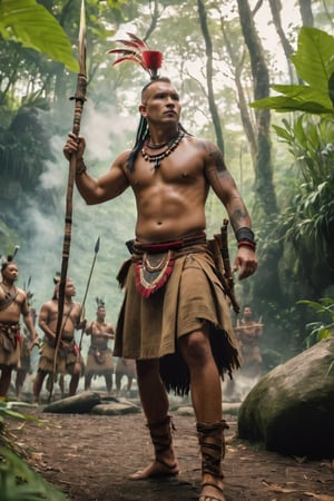 8K, UHD, full_body perspective shot, portrait, photo-realistic, cinematic, ancient mohicans civilization, multiple tribe members, villagers, throwing spear at deer, tribe village in the jungle, ultra-detailed, weapons, close to nature, perfect lighting, peaceful, tranquil, vintage photo feel, tattoos, dirt face, depth of field, bokeh