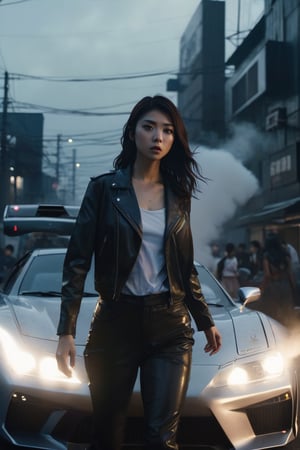 8K, UHD, low-angle perspective, portrait of girls, photo-realistic, cinematic, dystopian lighting, dark atmosphere, japanese fast cars, speed chase, smoke, mist