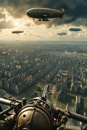 8K, UHD, panaromic perspective, photo-realistic, cinematic, first-person-view from airship cockpit, photo of many german steampunk blimps in sky, many single-engine fighter aircrafts, volumetric cinematic dark light, vintage tinted, dystopian lighting, masterpiece, dark clouds, world war 2, perfect composition, pilot with gas mask in blimp, dystopian skies, old photograph colour, war scene, battle, nazi soldier, tall building, devastation below, demolished buildings, multiple explosions, bombs dropping