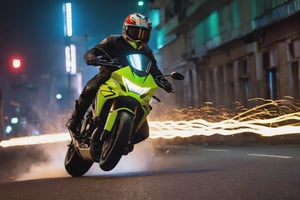 8K, UHD, low angle perspective shot, photo-realistic, cinematic, dramatic angle crop, night street buildings scene with neon streaks, dark night, slow shutter speed, (big motorbike banking very super low:1.1) knee touching road, eyes seen through helmet, rider wearing gp racewear, beautiful 1800cc futuristic bike with neon lights, focused look, depth of field, small sparks on wheel, smoke on back wheel (chase by emergency vehicle in background:1.2)