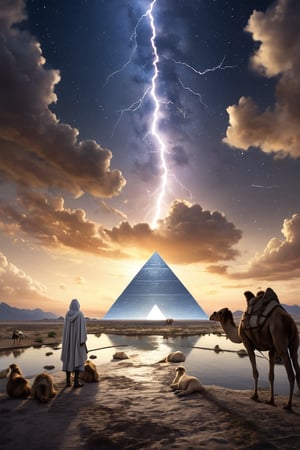 8K, UHD, low-angle ground view, hyper-realistic, cinematic, first-person perspective, (white seamless Agate marble:1.1) single polished smooth surface pyramid, pure gold capstone tip, narrow canal of water across dessert, lightning sparks emitting from tip, shepherds in robes and hoodie herding camels, perfect lighting, stunning, dim skies, constellations clearly seen in skies, cosmic alignment 