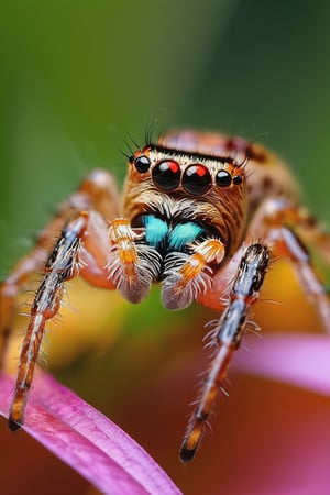 8K, UHD, super macro shot, ultra clear subject,   photo-realistic (colorful spider on plant:1.2) dramatic crop, ƒ/0.8, depth_of_field, 1/2000 shutter speed, super detailed, focus on eyes, insane details, blur background, magnification of 200x, flower